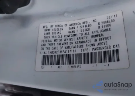 2015 Honda Accord Lx from USA, damaged, VIN 1HGCR2F39FA197111